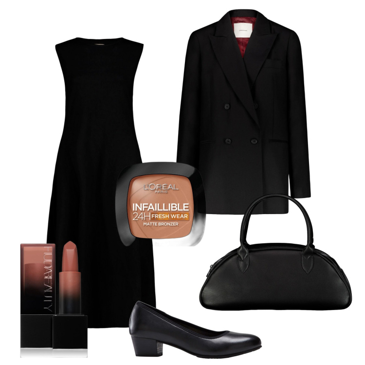 Outfit donna - Total look #1859291. Stile Minimal per Ufficio. Abbinamento con décolleté, rossetti, terre, vestiti midi/longuette, blazer, borse a spalla.