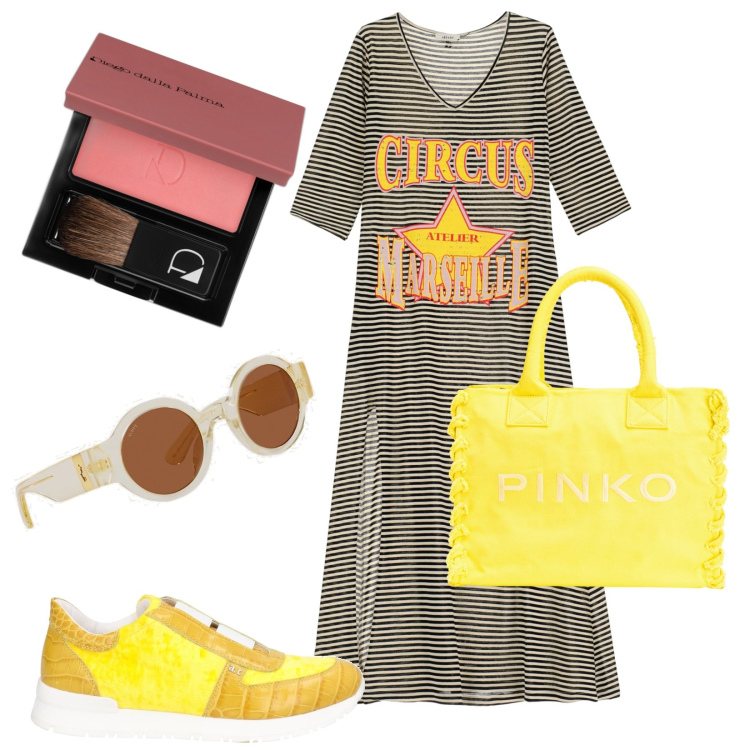 Outfit donna - Unica. Stile Trendy per Tutti i giorni. Abbinamento con sneakers, blush, shopping bag, vestiti lunghi, occhiali da sole.