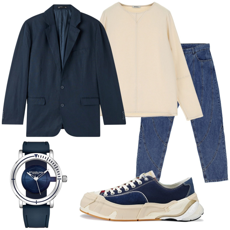 Outfit uomo - Buongiorno. Stile Trendy per Tutti i giorni. Abbinamento con orologi, giacche, felpe, jeans dritti, sneakers.