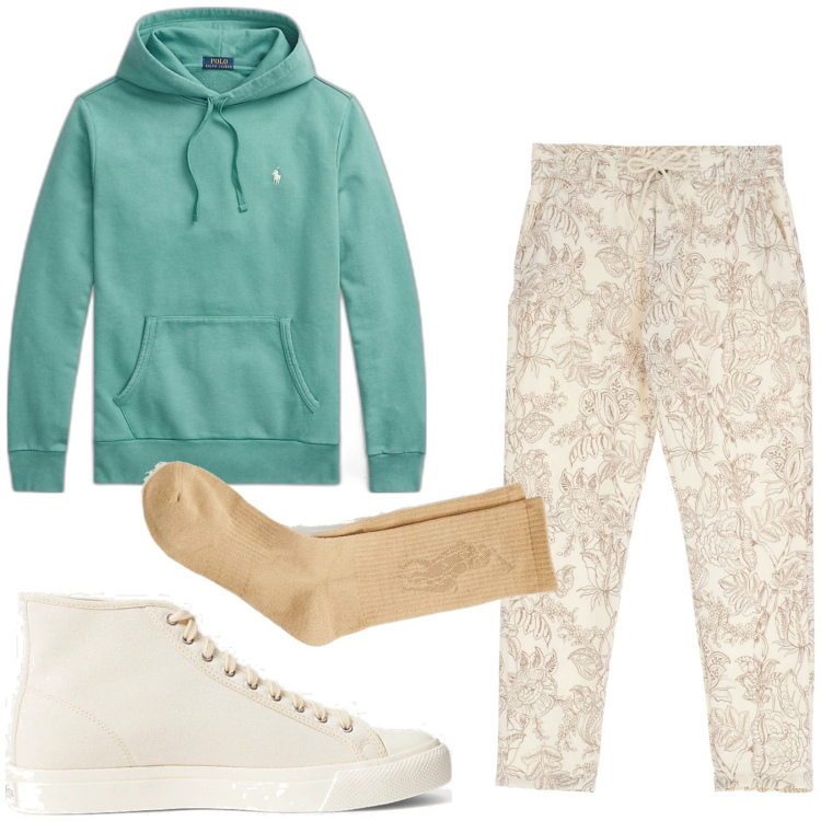 Outfit uomo - Toni chiari. Stile Casual per Tutti i giorni. Abbinamento con pantaloni, felpe con cappuccio, calzini, sneakers.