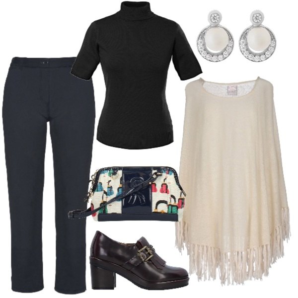 Outfit donna - Panna e nero ed è subito chic. Stile Chic per Ufficio. Abbinamento con mocassini con borchie e tacco squadrato con fibbia interno foderato con punta tonda in pelle sintetica tinta unita, mantella senza tasche lavorato a maglia collo tondo interno sfoderato tinta unita, maglieria, pantalone elasticizzato, borsa a tracolla con stampa e logo frontale beige, orecchini.