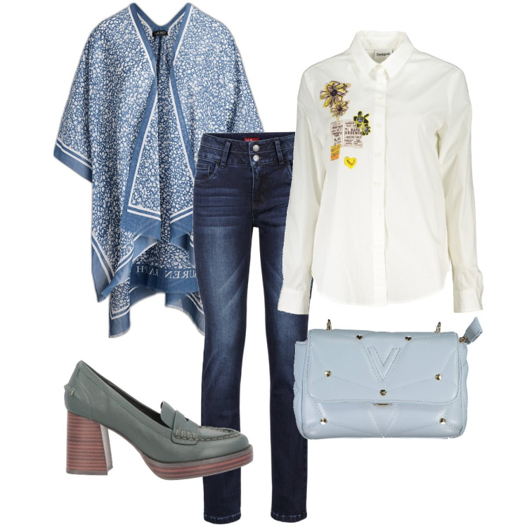 Outfit donna - La mantella a fantasia. Stile Casual chic per Ufficio. Abbinamento con jeans, mocassini, cappe, camicie, borse a tracolla.