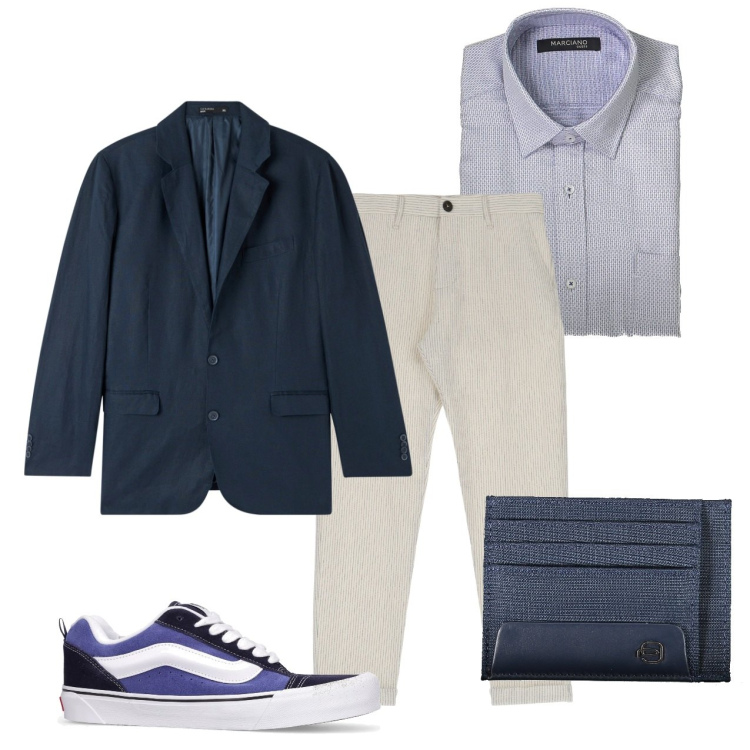 Outfit uomo - Il blu è sempre elegante. Stile Casual per Tutti i giorni. Abbinamento con giacche, pantaloni, portafogli, sneakers, camicie.