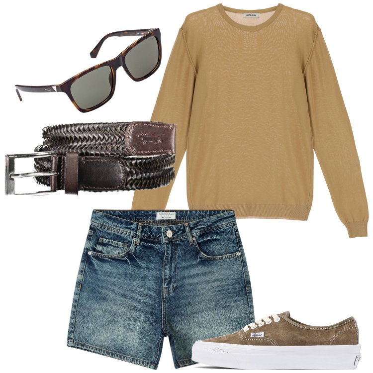 Outfit uomo - Coordinato mezza estate. Stile Casual per Tutti i giorni. Abbinamento con shorts, pullovers, occhiali da sole, cinture, sneakers.
