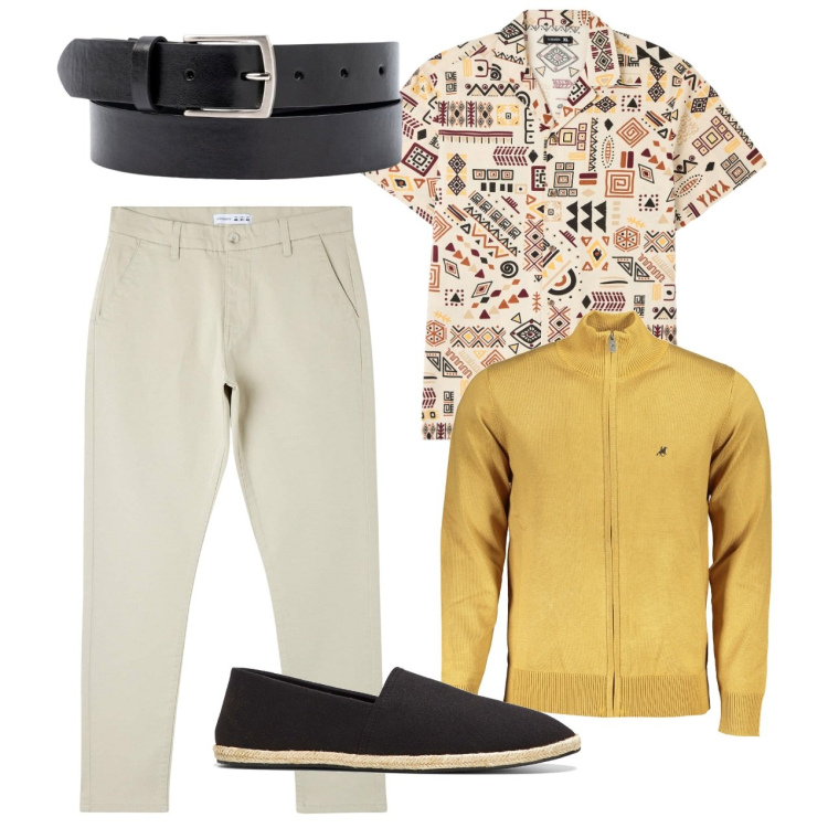 Outfit uomo - Un mix vivace. Stile Casual per Tutti i giorni. Abbinamento con espadrillas, pantaloni skinny, camicie a manica corta, cardigans, cinture.