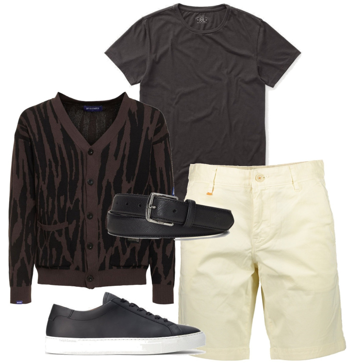 Outfit uomo - Un cardigan di sera. Stile Urban per Tutti i giorni. Abbinamento con t-shirt, cinture, sneakers, pantaloni corti, cardigans.