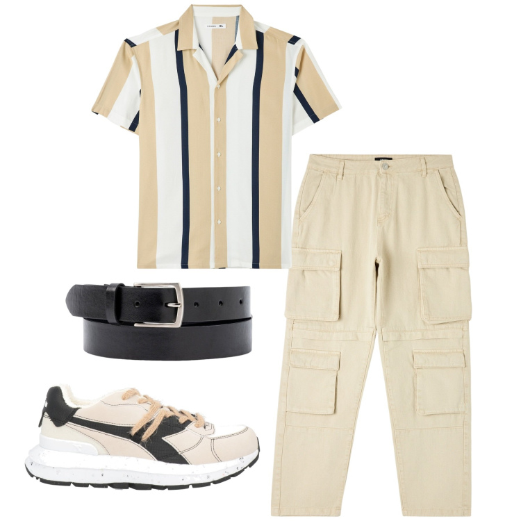 Outfit uomo - Sabbia e righe. Stile Urban per Tutti i giorni. Abbinamento con sneakers, camicie a manica corta, pantaloni cargo, cinture.
