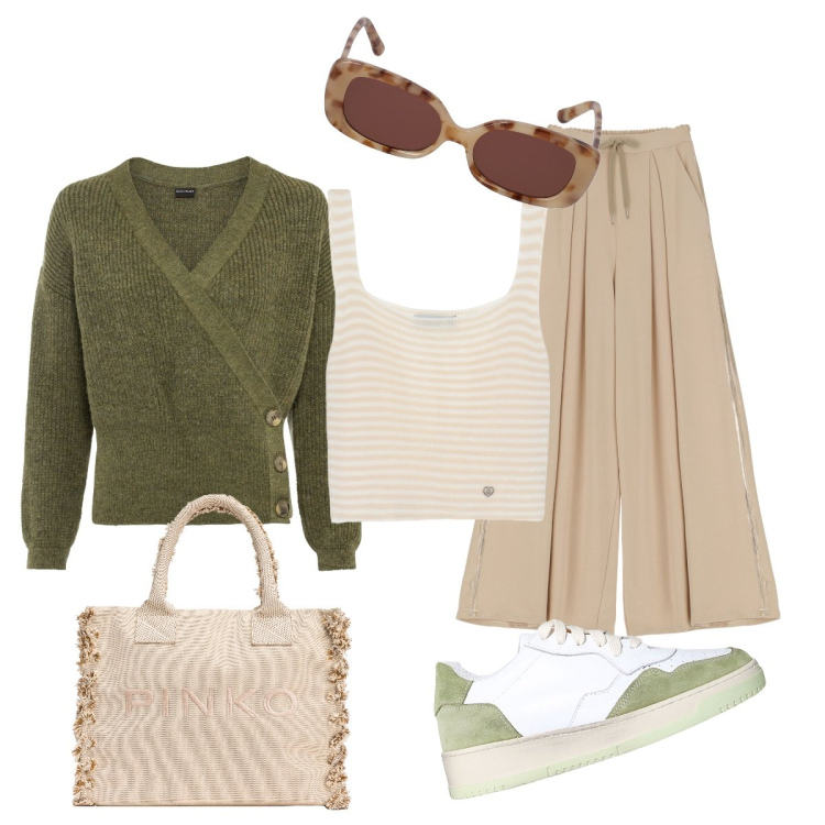 Outfit donna - Minimal curvy. Stile Minimal per Tutti i giorni. Abbinamento con maglieria, shopping bag, cardigans, sneakers, pantaloni a palazzo, occhiali da sole.