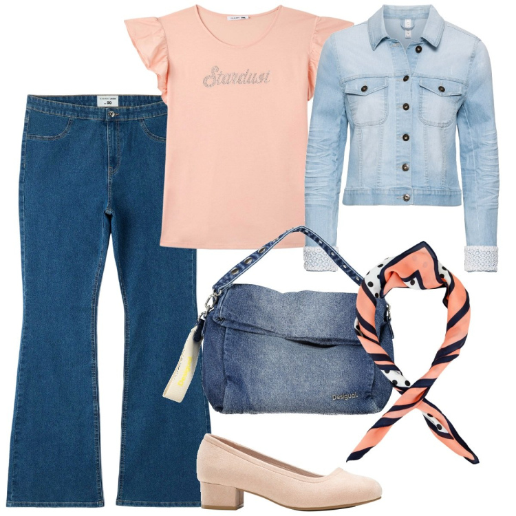 Outfit donna - Curvy e plus size. Stile Casual chic per Tutti i giorni. Abbinamento con décolleté, blazer, jeggings, t-shirt, foulard, borse a spalla.