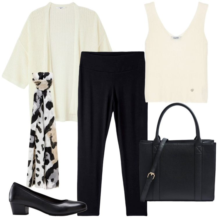 Outfit donna - Casual-chic tutti I giorni - curvy style. Stile Casual chic per Tutti i giorni. Abbinamento con décolleté, kimono, leggings, shopping bag, top, foulard.