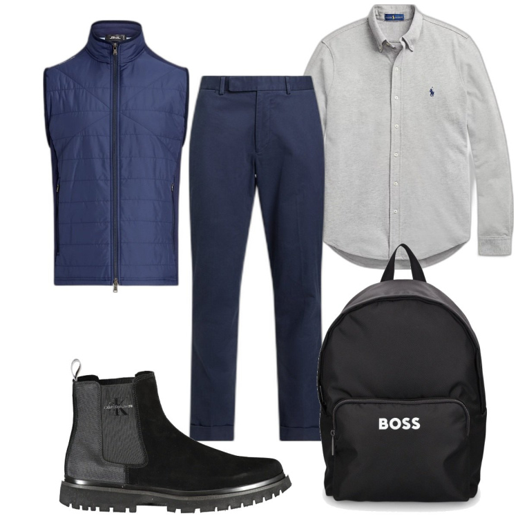 Outfit uomo - Total look #1859383. Stile Trendy per Tutti i giorni. Abbinamento con camicie, pantaloni chino, piumini, borse sportive, stivali.