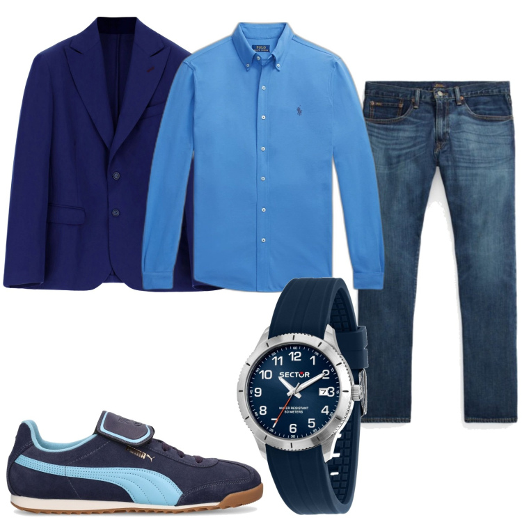 Outfit uomo - Giacca e jeans. Stile Trendy per Tutti i giorni. Abbinamento con orologi, giacche, jeans dritti, camicie, sneakers.