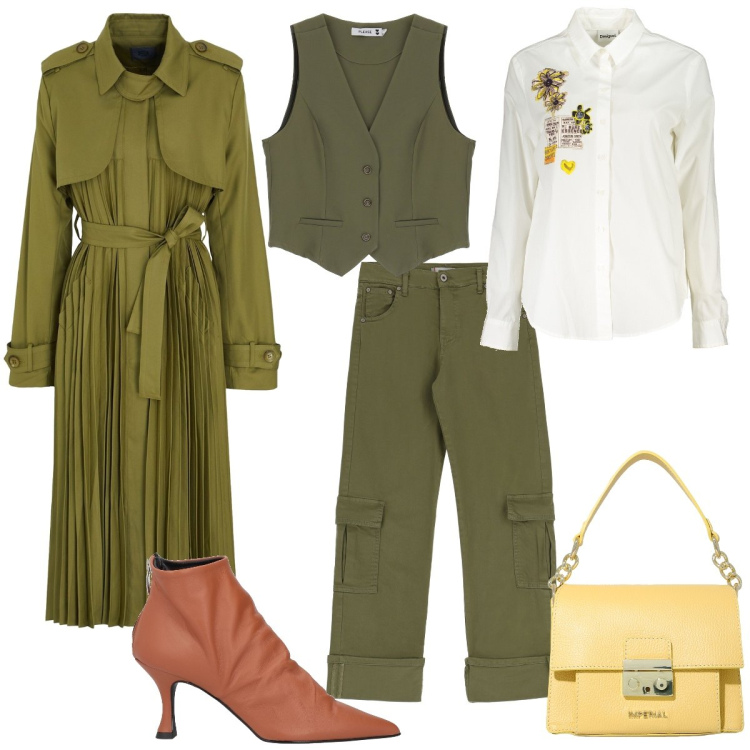 Outfit donna - Total look #1859422. Stile Casual chic per Ufficio. Abbinamento con stivaletti, trench, pantaloni cargo, gilet, pochette, camicie.