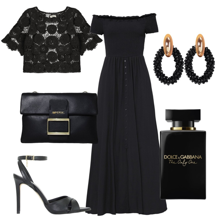 Outfit donna - Total look #1859429. Stile Chic per Serata fuori. Abbinamento con vestiti, orecchini, profumi, pochette, décolleté, maglieria.
