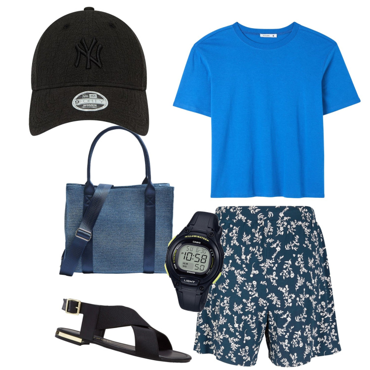 Outfit donna - Direzione spiaggia. Stile Basic per Mare. Abbinamento con sandali, shorts, orologi, shopping bag, t-shirt, cappelli con visiera.