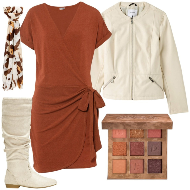 Outfit donna - Terra bruciata su panna. Stile Casual chic per Serata fuori. Abbinamento con vestiti, stivali, ombretti, blazer, foulard.