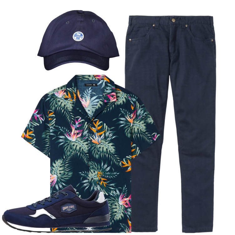 Outfit uomo - City. Stile Urban per Tutti i giorni. Abbinamento con pantaloni, sneakers, camicie a manica corta, cappelli con visiera.