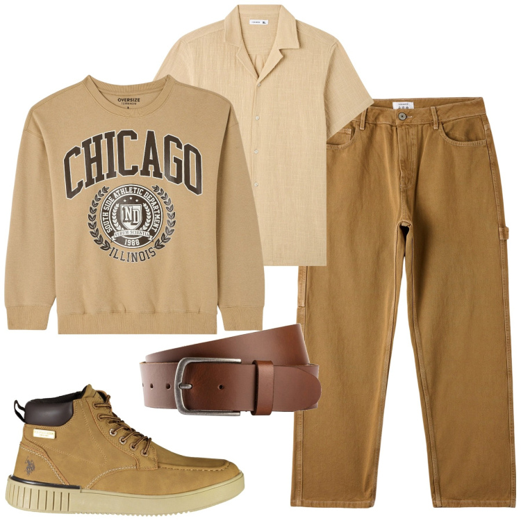 Outfit uomo - City. Stile Urban per Tutti i giorni. Abbinamento con cinture, camicie a manica corta, pantaloni, felpe, stivali.