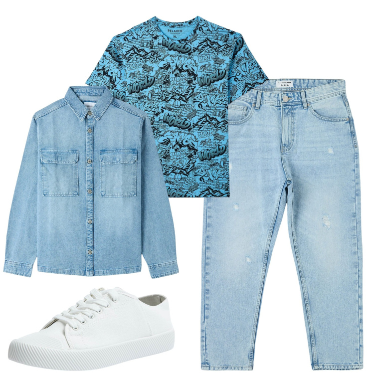 Outfit uomo - Total look #1859445. Stile Casual per Tutti i giorni. Abbinamento con jeans strappati, cappotti, t-shirt, sneakers.