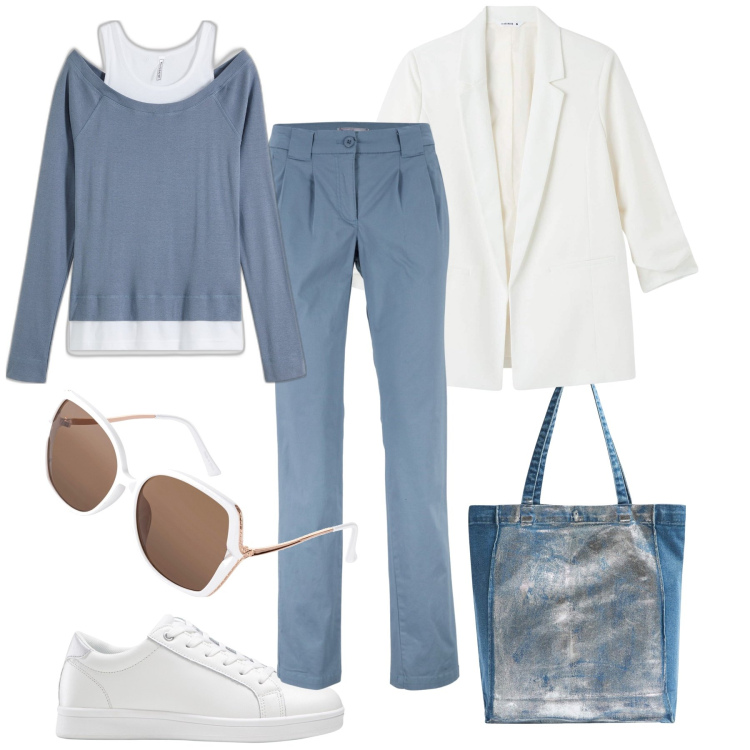 Outfit donna - Semplice bianco&carta da zucchero. Stile Casual per Tutti i giorni. Abbinamento con sneakers, maglieria, pantaloni chino, occhiali da sole, shopping bag, blazer.