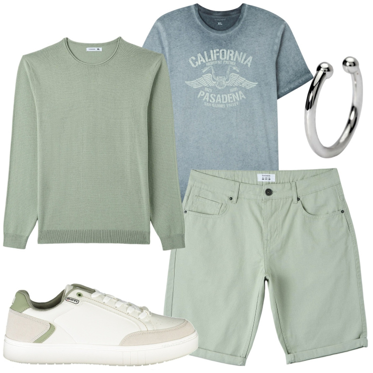 Outfit uomo - City. Stile Urban per Tutti i giorni. Abbinamento con t-shirt, pantaloni, pullovers, orecchini, scarpe sportive.