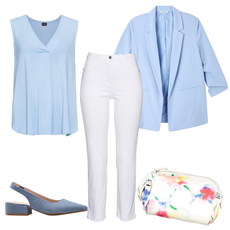 Outfit donna - Deilcato. Stile Casual chic per Ufficio. Abbinamento con pantaloni, décolleté, top, blazer, borse a tracolla.