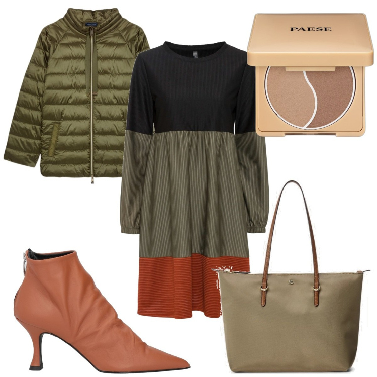Outfit donna - Earth Day: un vestito dai colori della T. Stile Trendy per Tutti i giorni. Abbinamento con vestiti corti, stivaletti, terre, borse tote, piumini.
