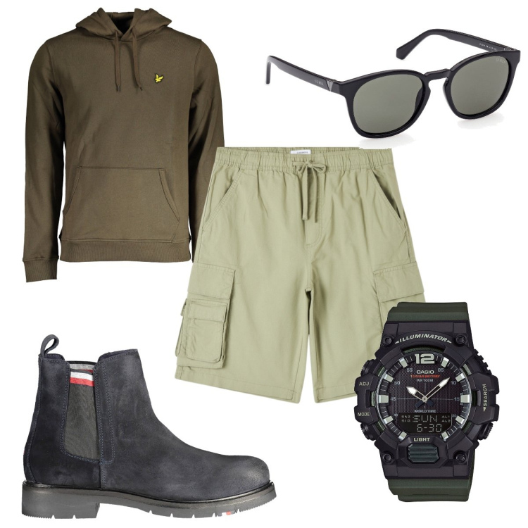 Outfit uomo - Total look #1859483. Stile Trendy per Tutti i giorni. Abbinamento con orologi, pantaloni corti, occhiali da sole, stivali, felpe con cappuccio.