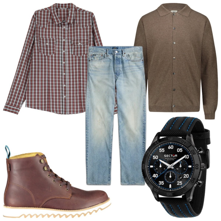 Outfit uomo - Total look #1859484. Stile Casual per Tutti i giorni. Abbinamento con orologi, camicie, jeans dritti, polo, stivali.