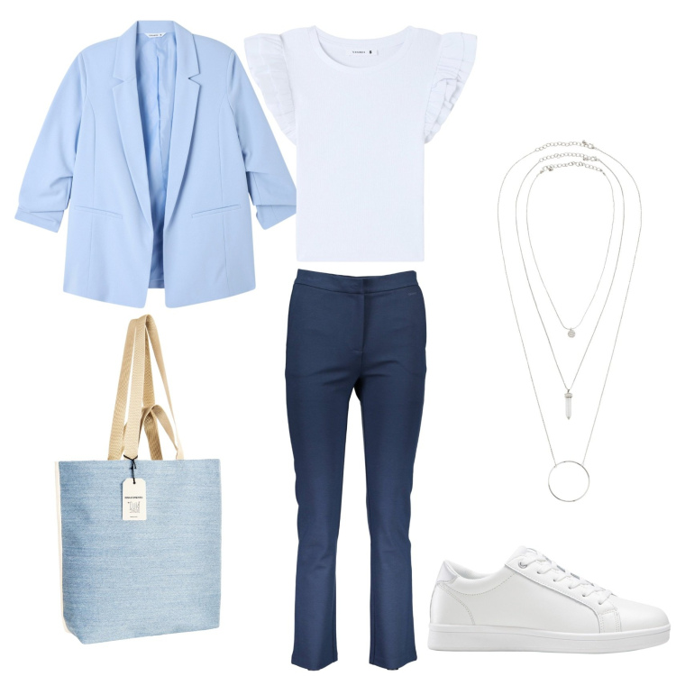 Outfit donna - In giro per Commissioni. Stile Casual chic per Tutti i giorni. look ideale per Petite. Abbinamento con ciondoli, sneakers, t-shirt, blazer, borse tote, pantaloni.