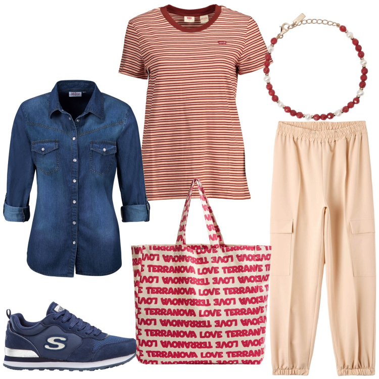 Outfit donna - Comfort in città. Stile Casual per Tutti i giorni. Abbinamento con camicie, sneakers, pantaloni cargo, borse tote, braccialetti, t-shirt.