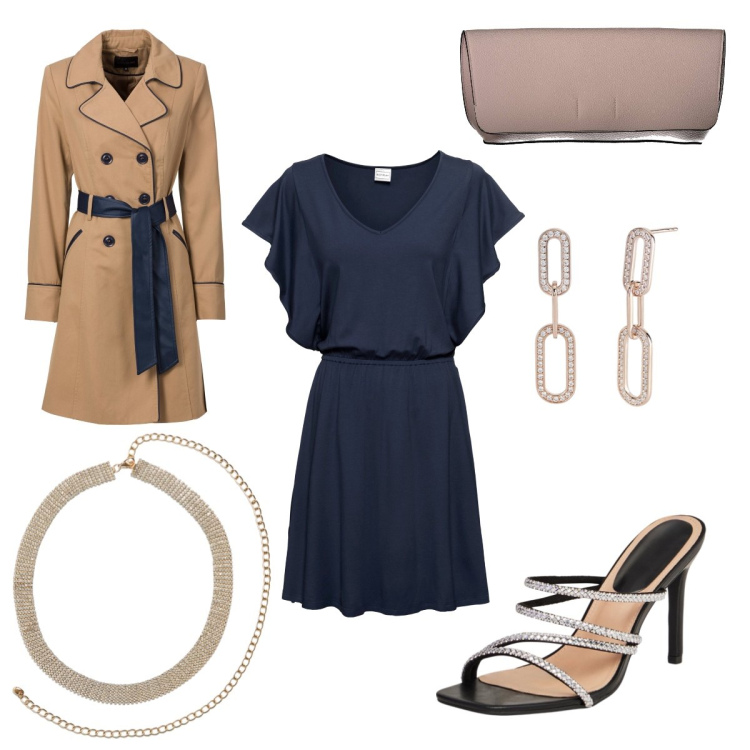 Outfit donna - Cosa mi metto stasera?. Stile Bon Ton per Serata fuori. Abbinamento con trench, vestiti, collane, sandali col tacco, orecchini, pochette.