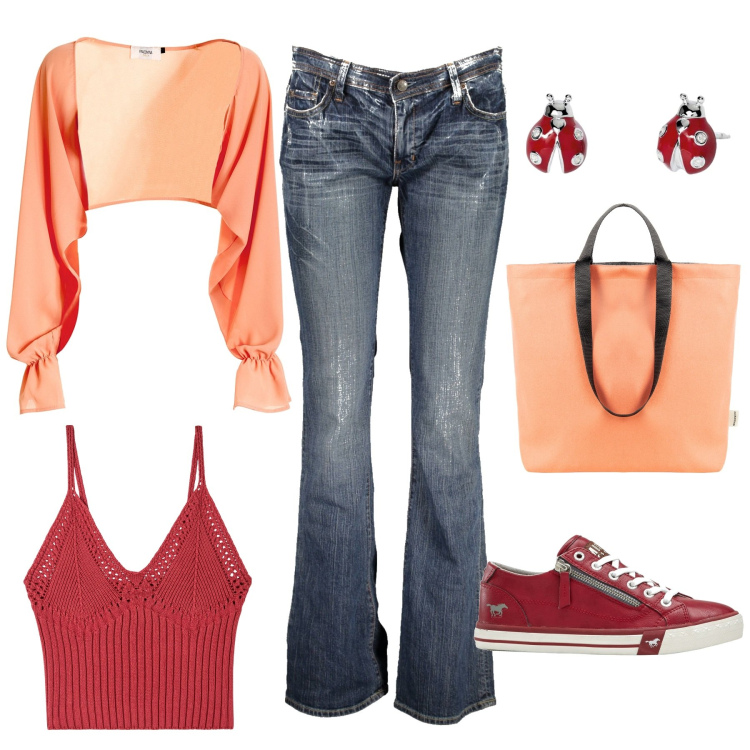 Outfit donna - Colori caldi. Stile Casual per Scuola/Università. Abbinamento con sneakers, top, orecchini, borse tote, blazer, jeans.