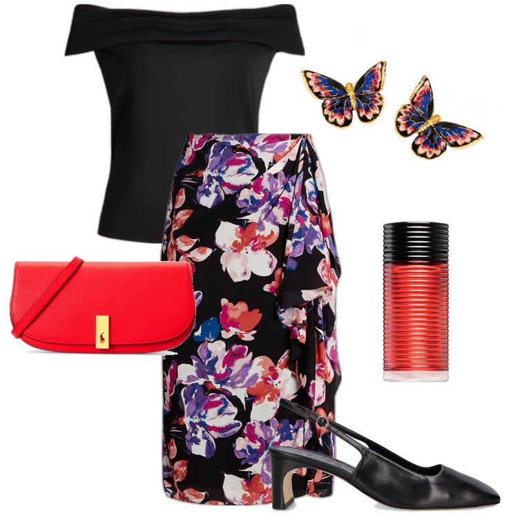 Outfit donna - Scollatura a barchetta. Stile Chic per Serata fuori. Abbinamento con orecchini, profumi, top, gonne, clutch, scarpe col tacco.