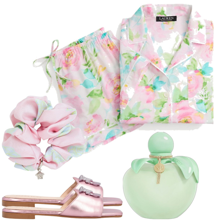 Outfit donna - Beauty routine in relax. Stile Chic per Tutti i giorni. Abbinamento con profumi, ciabatte, pigiama, accessori per capelli.