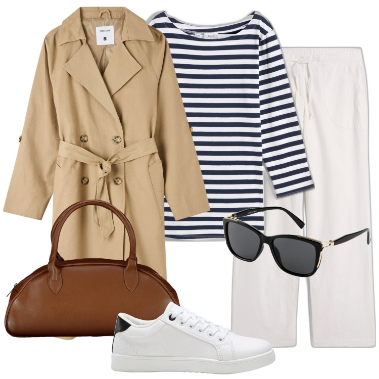 Outfit donna - In giro per la città. Stile Casual per Tutti i giorni. Abbinamento con maglieria, pantaloni a palazzo, occhiali da sole, sneakers, trench, borse a spalla.