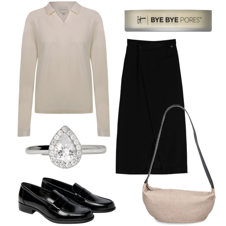 Outfit donna - D\'ufficio. Stile Bon Ton per Ufficio. Abbinamento con ciprie, anelli, gonne lunghe, mocassini, borse a spalla, polo.