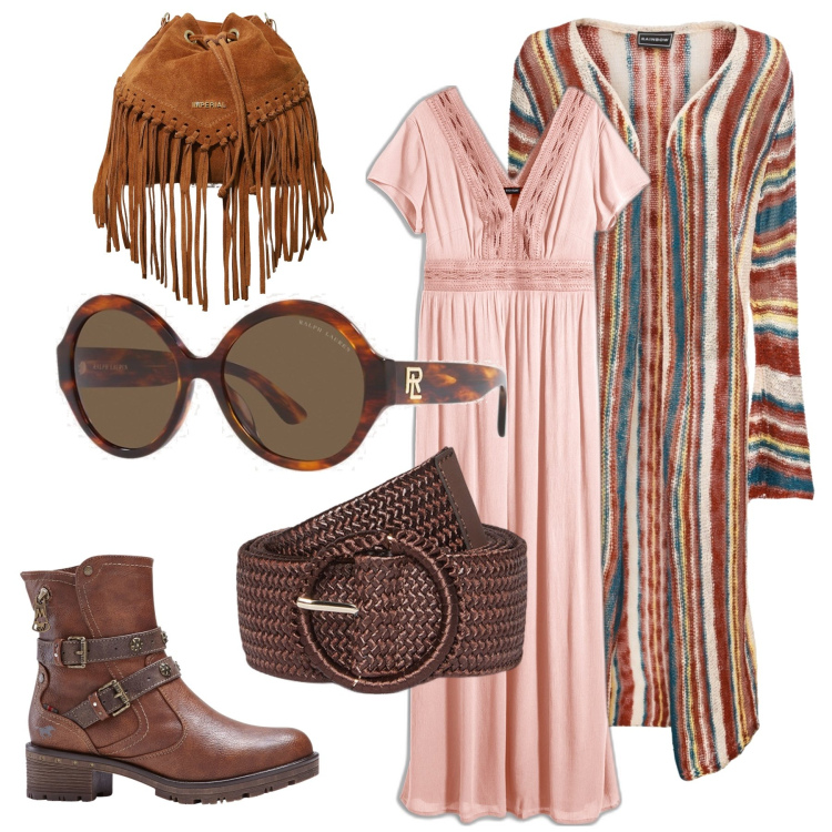 Outfit donna - Curvy-boho. Stile Boho per Tutti i giorni. Abbinamento con cardigans, vestiti lunghi, stivaletti, borse a secchiello, occhiali da sole, cinture.