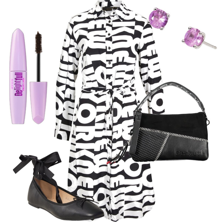 Outfit donna - L’abito con le lettere. Stile Romantica per Tutti i giorni. Abbinamento con vestiti chemisier, mascara, ballerine, orecchini, borse a spalla.