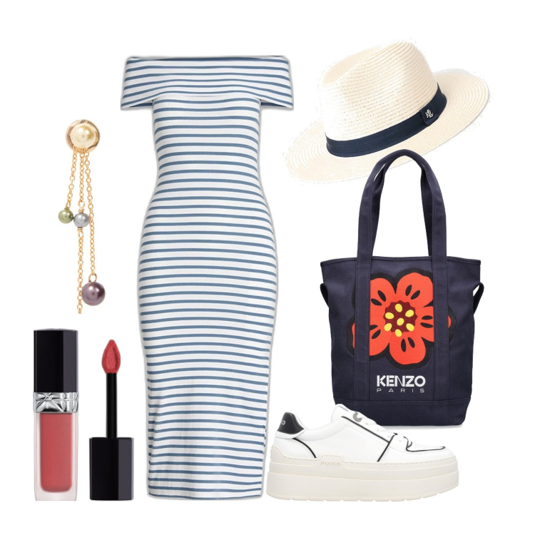 Outfit donna - Ghost outfitter - aprile. Stile Casual chic per Tutti i giorni. Abbinamento con orecchini, rossetti, sneakers, vestiti, sciarpe, shopping bag.