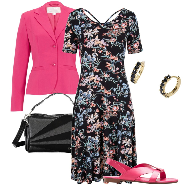 Outfit donna - L’abito floreale. Stile Romantica per Serata fuori. Abbinamento con vestiti midi/longuette, blazer, sandali, orecchini, borse a spalla.