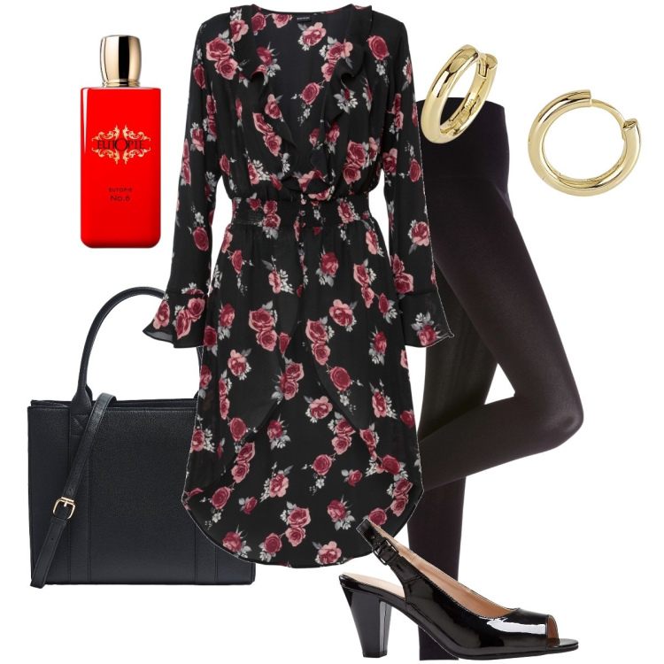 Outfit donna - Il camicione con le rose. Stile Sexy per Serata fuori. Abbinamento con leggings, camicie, décolleté, profumi, shopping bag, orecchini.