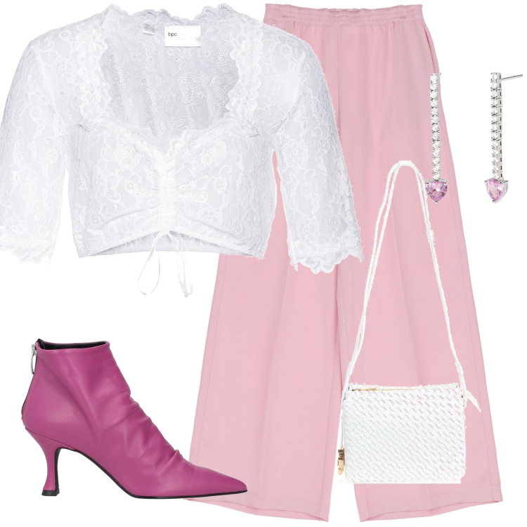 Outfit donna - Sera di primavera. Stile Casual chic per Serata fuori. Abbinamento con camicie, stivaletti, orecchini, pantaloni a palazzo, borse a tracolla.