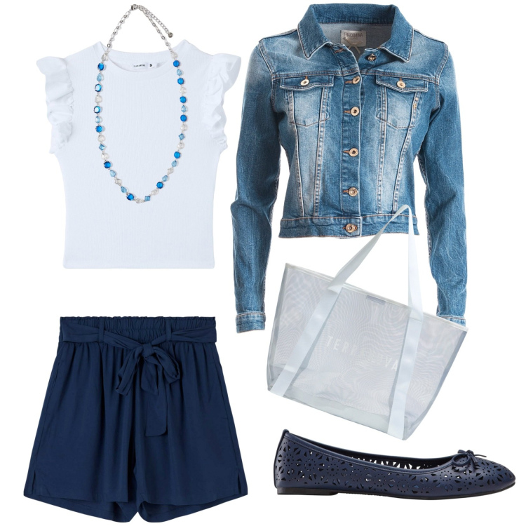 Outfit donna - Total look #1859652. Abbinamento con ballerine, t-shirt, shorts, shopping bag, blazer, collane.