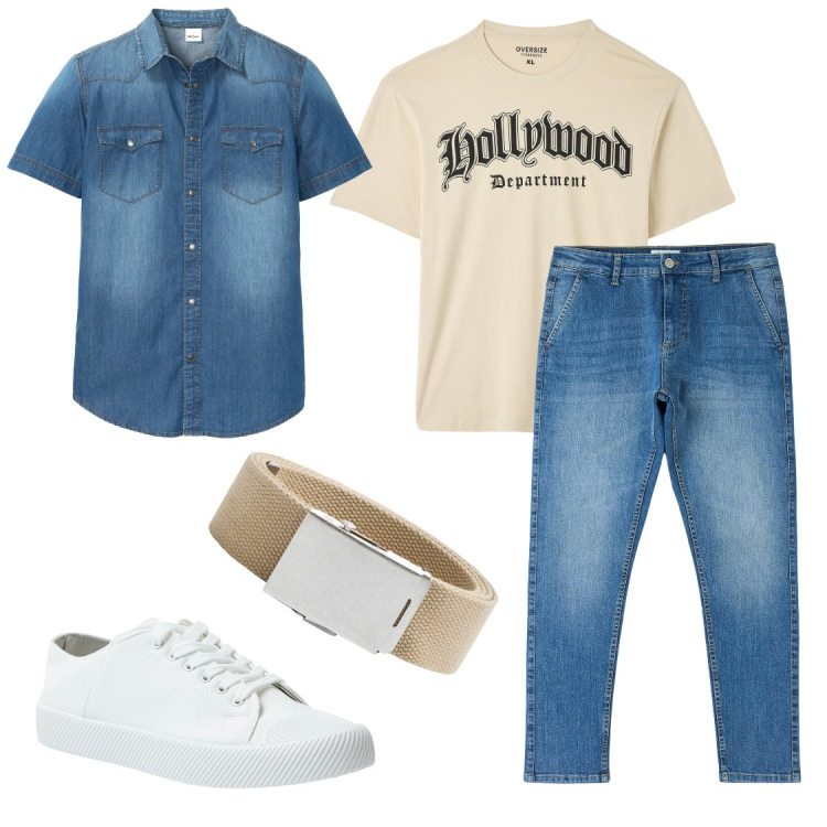 Outfit uomo - In giro con amici. Stile Casual per Tutti i giorni. Abbinamento con camicie a manica corta, sneakers, t-shirt, jeans skinny, cinture.