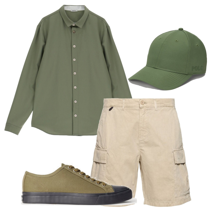 Outfit uomo - Passeggiata. Stile Casual per Tutti i giorni. Abbinamento con camicie, sneakers, cappelli, shorts.