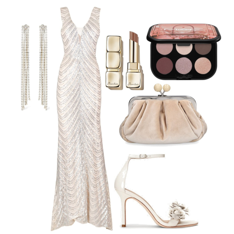 Outfit donna - Ghost outfitter - aprile. Stile Glamour per Cerimonia. Abbinamento con rossetti, ombretti, vestiti lunghi, sandali in pelle, pochette, orecchini.