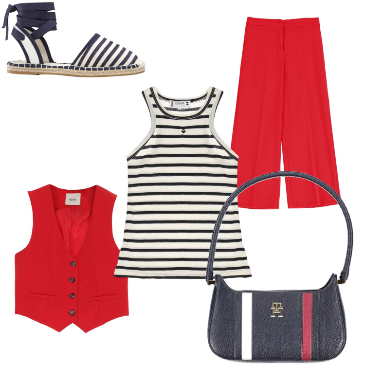 Outfit donna - Rosso marinaro. Abbinamento con espadrillas, top, pantaloni, gilet, borse a spalla.