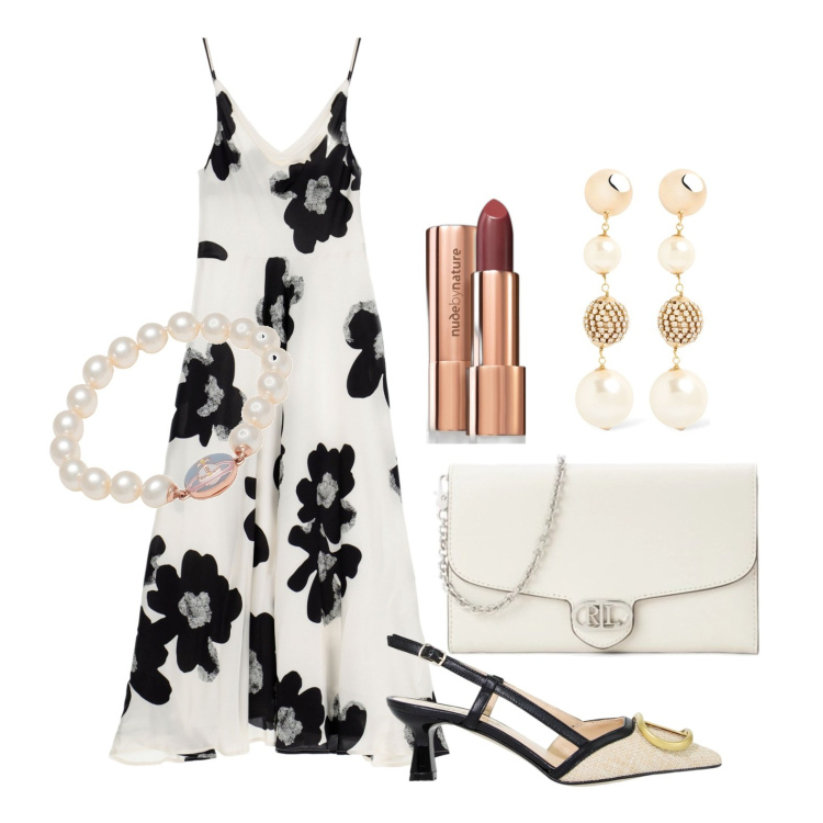 Outfit donna - Ghost outfitter - aprile. Stile Glamour per Cerimonia. Abbinamento con braccialetti, rossetti, vestiti midi/longuette, sandali in pelle, borse a tracolla, orecchini.
