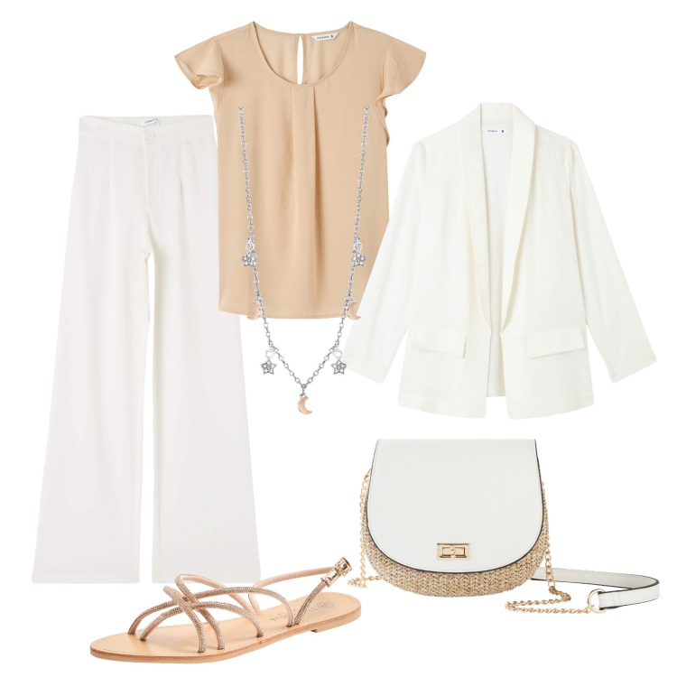 Outfit donna - Latte macchiato in ufficio. Stile Glamour per Ufficio. Abbinamento con borse a tracolla, pantaloni, bluse, sandali, blazer, collane.
